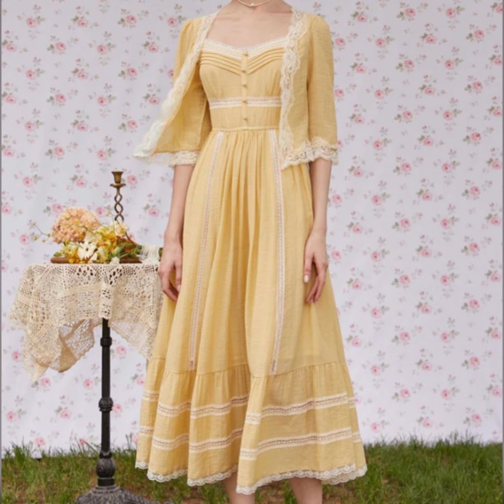 Yellow Lace-Trim Midi Dress with Cardigan